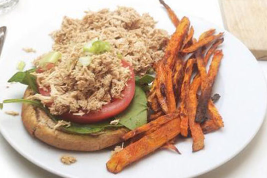 Pulled Chicken Open Faced Burgers with Sweet Potato Wedges