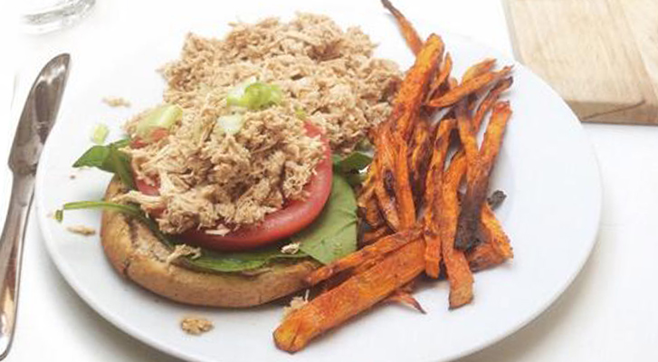 Pulled Chicken Open Faced Burgers with Sweet Potato Wedges