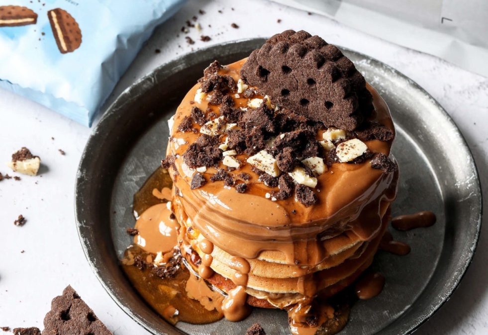 pancake stack next to protein cookies